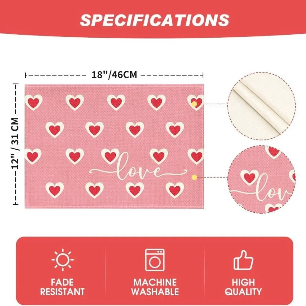 Artoid Mode Valentine Love Heart Pink Placemats Set of 4 12x18” Table Mats